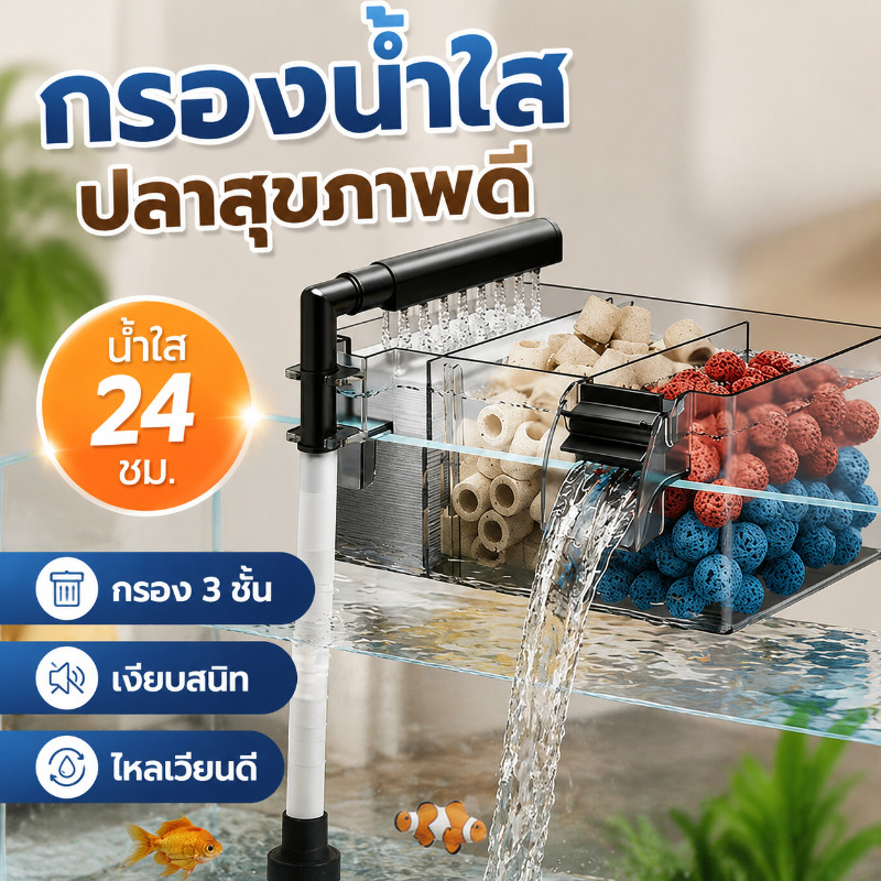 PawPals กรองน้ำตู้ปลา ระบบกล่อง 3-in-1 หมุนเวียนน้ำ น้ำหยด ระบบแขวนผนัง เงียบ ตู้เต่า