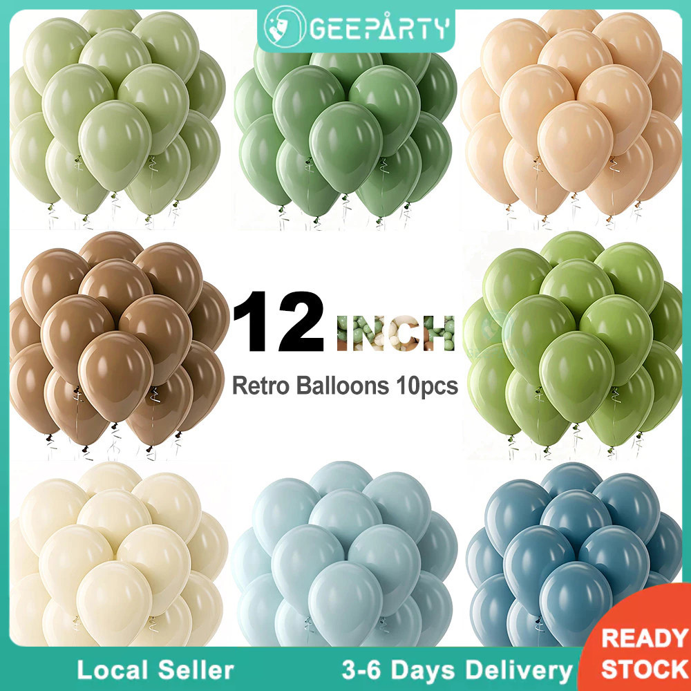 GeeParty ลูกโป่งยาง 12 นิ้ว 10 ชิ้น สีวินเทจ เขียวเซจ น้ำเงินฝุ่น น้ำตาล สำหรับงานวันเกิด งานแต่งงาน ตกแต่งปาร์ตี้
