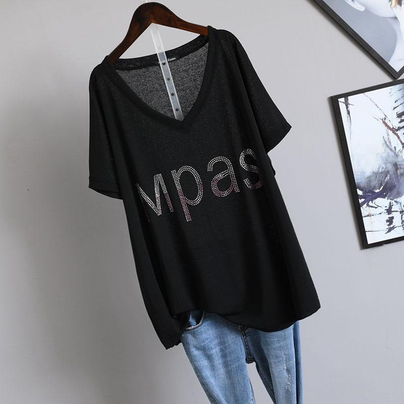 เสื้อผ้าผู้หญิงขนาดใหญ่พิเศษไขมันมม.เสื้อผ้าฤดูร้อนสาวอ้วน1-150กิโลกรัมแฟชั่นหลวมเพชร-เรียงราย จดหมายแขนสั้นเสื้อยืดผู้หญิง