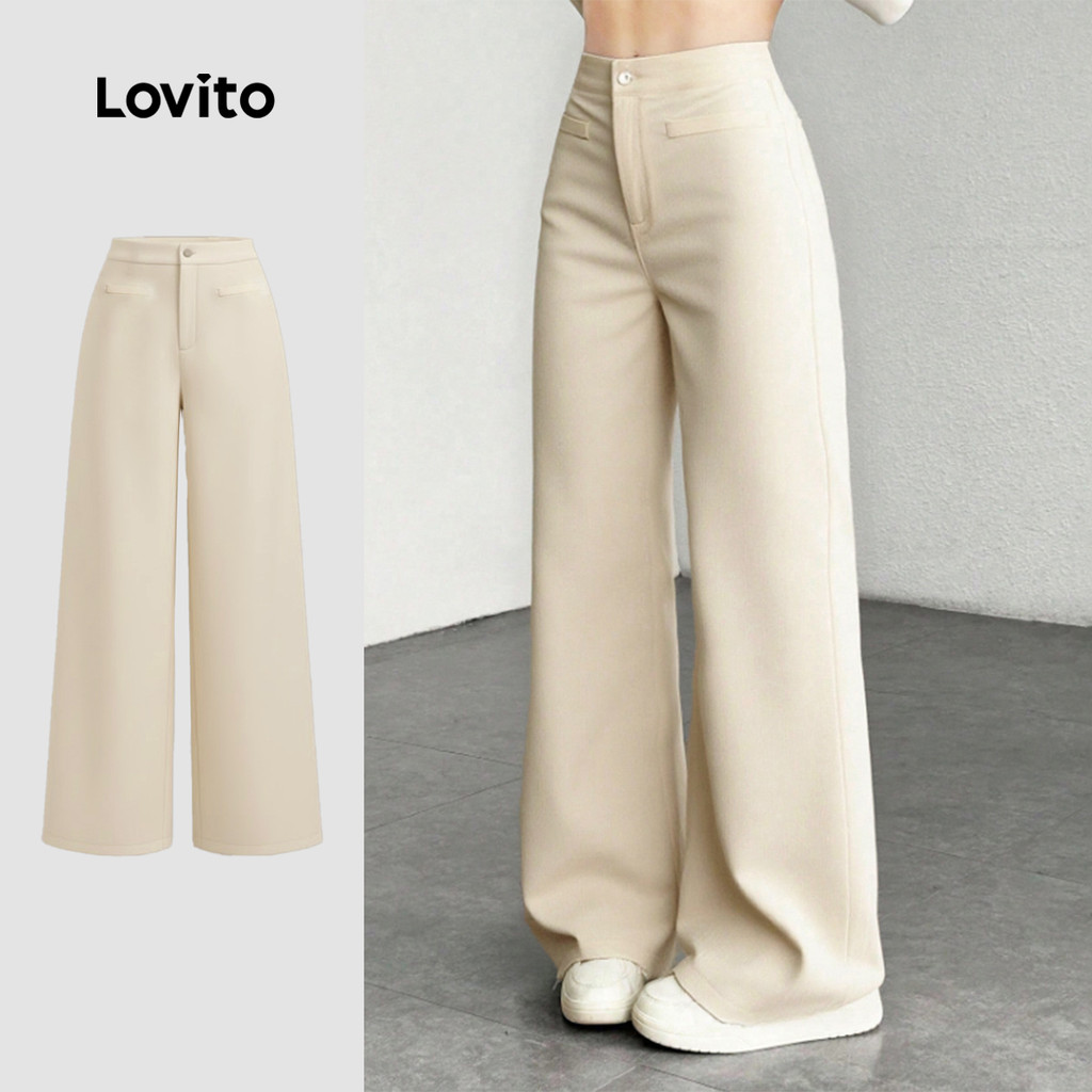 Lovito กางเกงแคชชวลผู้หญิง กางเกงซิปสำหรับใส่ทำงาน/แคชชวล ฤดูใบไม้ผลิ/ฤดูร้อน สีกากี LK3ED682