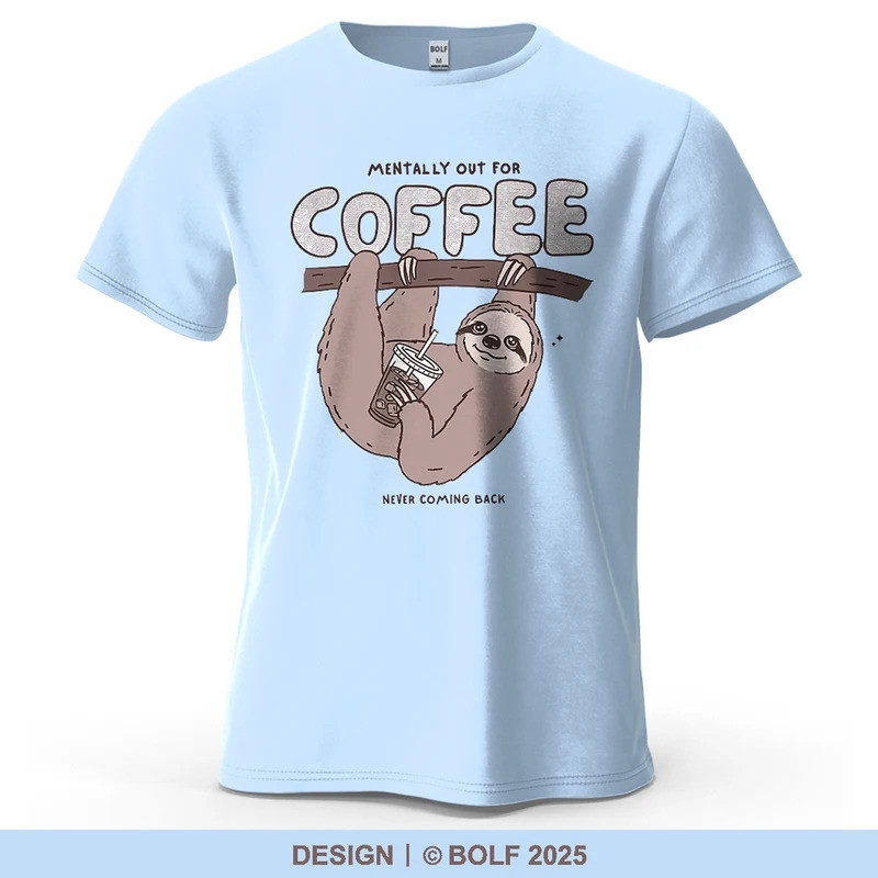 เสื้อยืดผู้ชายลายพิมพ์น่ารัก Sloth Coffee Vibe ผ้าฝ้าย 100% ทรงโอเวอร์ไซส์ สไตล์ลำลอง เสื้อยืดกราฟิก
