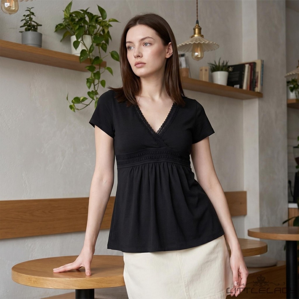 LTL-ผู้หญิงแขนสั้นถักเสื้อยืด Slim Fit ลูกไม้ Trim V คอฤดูร้อน Babydoll Tops สําหรับสํานักงานทุกวัน