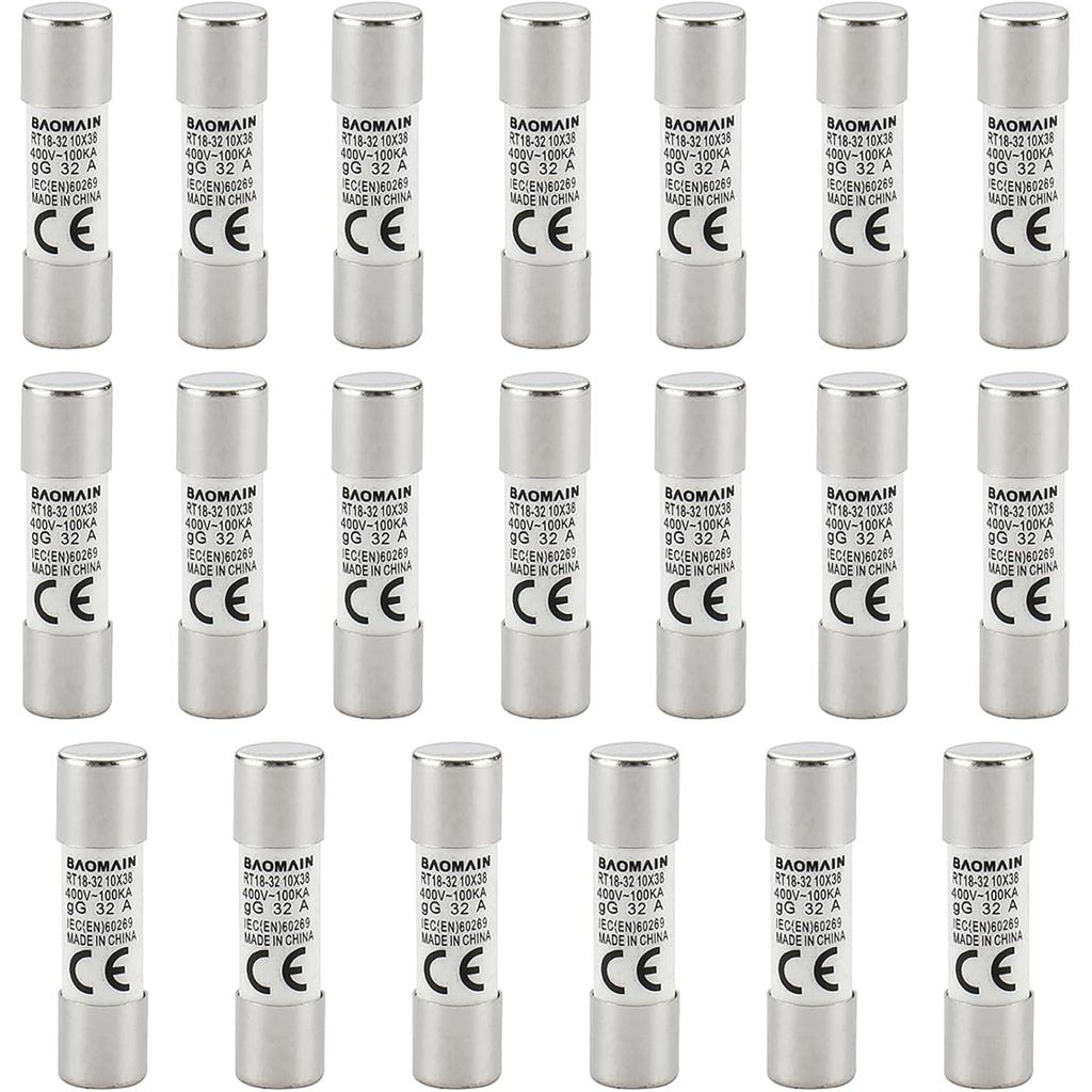 Baomain 20-Pack 32A Fuse Link, RT18-32 (RO15 RT14 RT19), หลอดเซรามิคทรงกระบอก gG 10x38mm 400V CE Lis