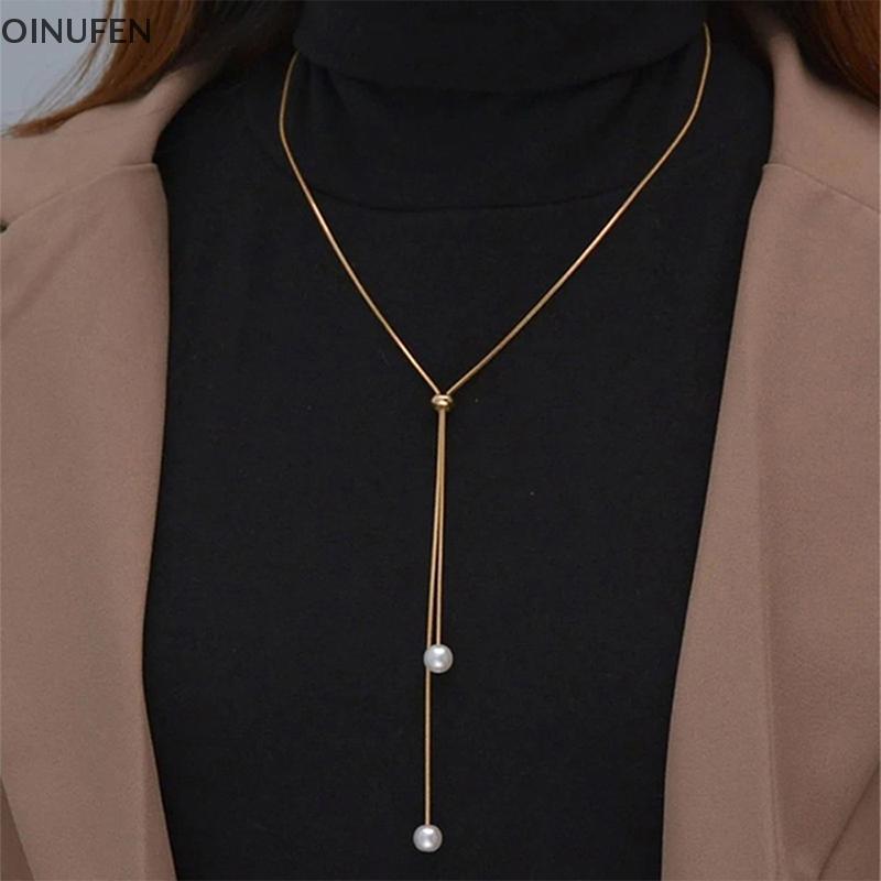 ONU Simple ยาว sel ดึงสร้อยคอจี้มุกสําหรับผู้หญิงปรับ Y สร้อยคอ Clavicle Chain Choker แฟชั่นเครื่องป