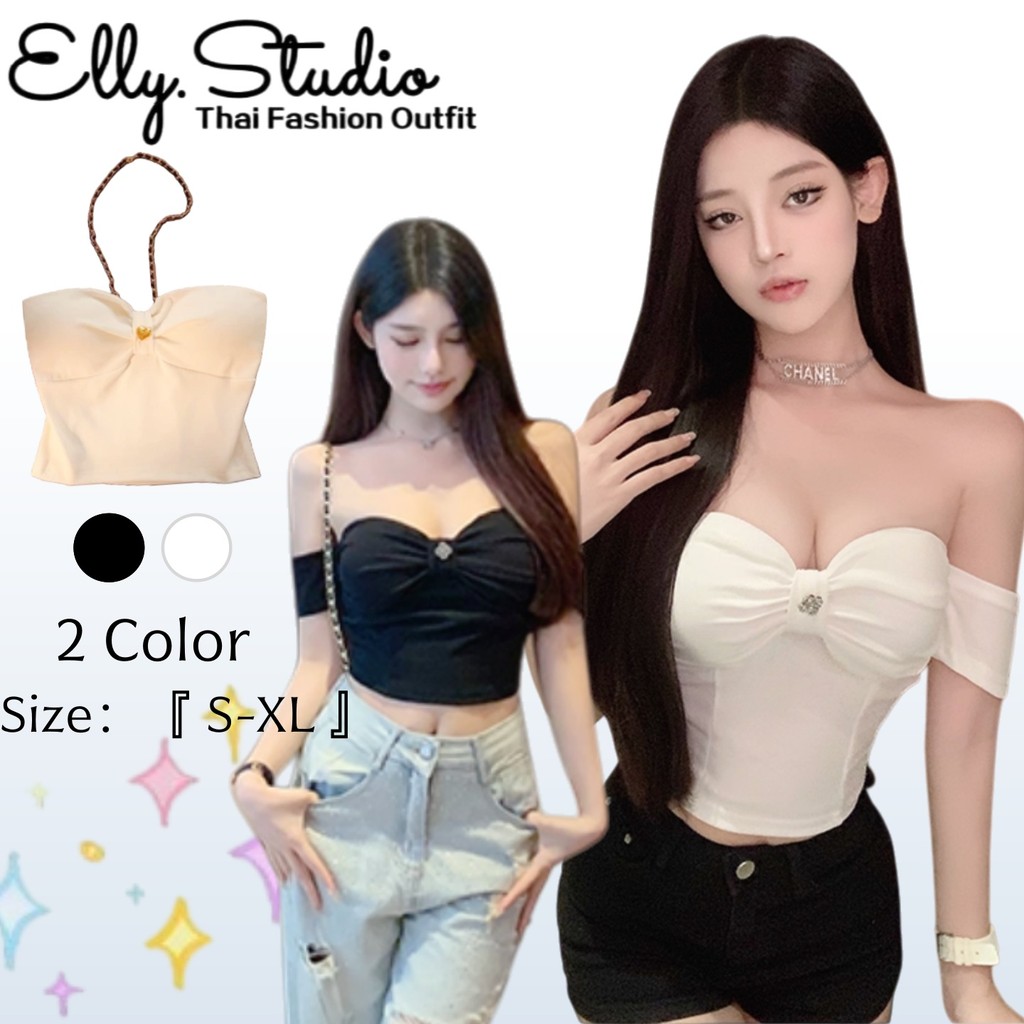 ELLY พร้อมส่ง🧺เสื้อปาดไหล่เซ็กซี่ผู้หญิง🎀ทรงรัดรูป เอวลอยครึ่งตัว​ สีพื้น เสื้อครอปY2K แฟชั่นเกาหลี ชุดไปคาเฟ่ ไปทะเล