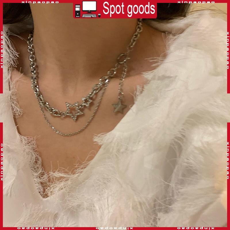 XI Zircon Star Layered พู่สร้อยคอ Choker Y2k เครื่องประดับสําหรับผู้หญิงแฟชั่นเงินสี Chain Zircon Ch