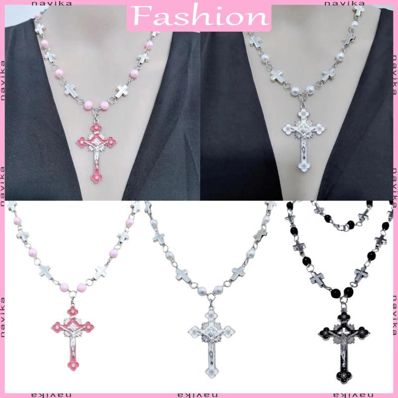NAV ศาสนา Cross สร้อยคอลูกประคําไข่มุกลูกปัดคอสําหรับสะสมหัตถกรรมสวดมนต์สมาธิ Baptisms