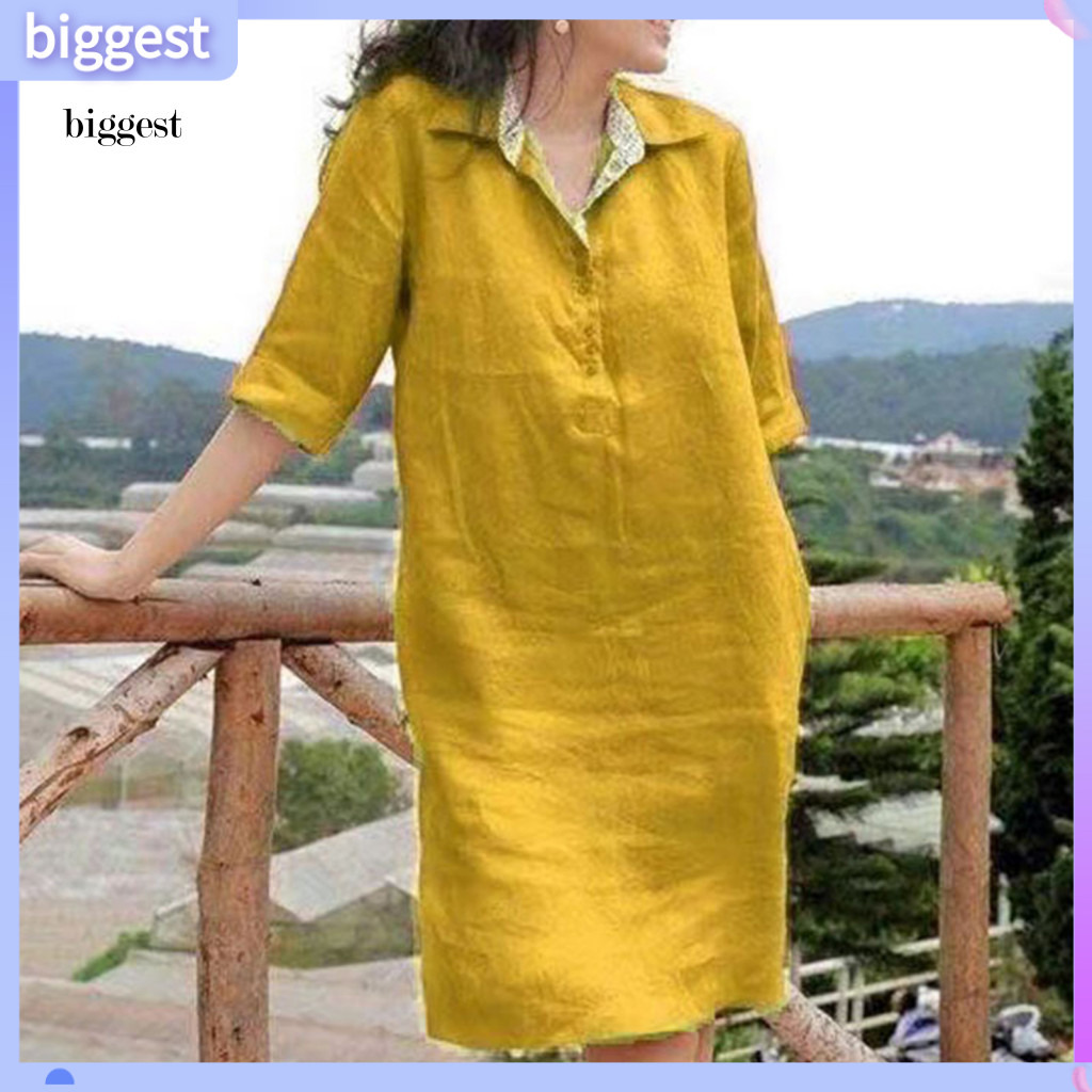BGT ผู้หญิงชุดLapel Vคอปุ่มคอครึ่งแขนหลวมFit Dressing Upเข่าความยาวฤดูร้อนสีทึบชุดลําลองทุกวันเสื้อผ
