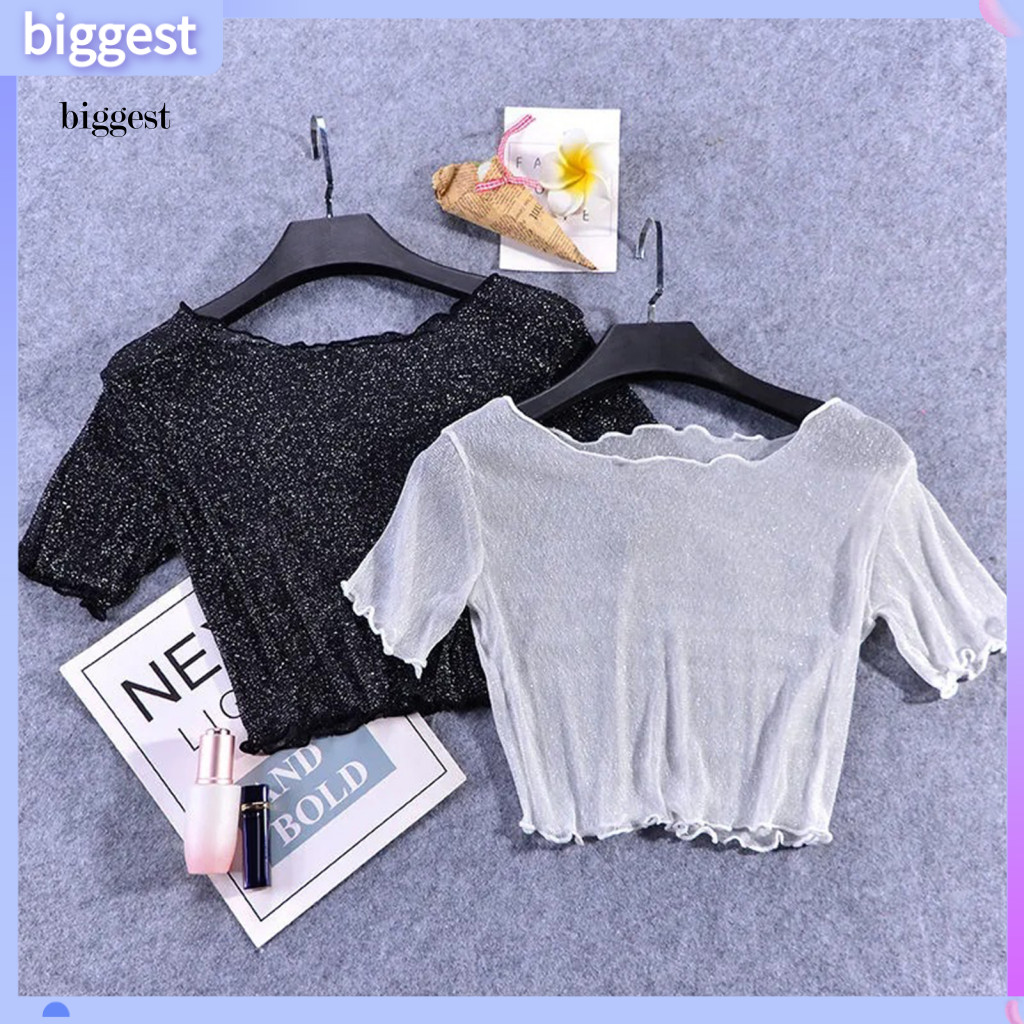 BGT O-คอสั้นแขนสั้น Sheer Trim Crop Top ผู้หญิงดูผ่าน Glitter ตาข่าย Tee เสื้อ Streetwear