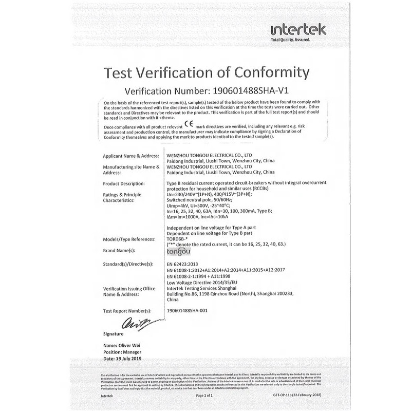 2026 คุณภาพสูง TONGOU 2P 4P 63A ประเภท B 10KA RCCB DC RCD 230V 400V 30mA Residual Current Circuit Br
