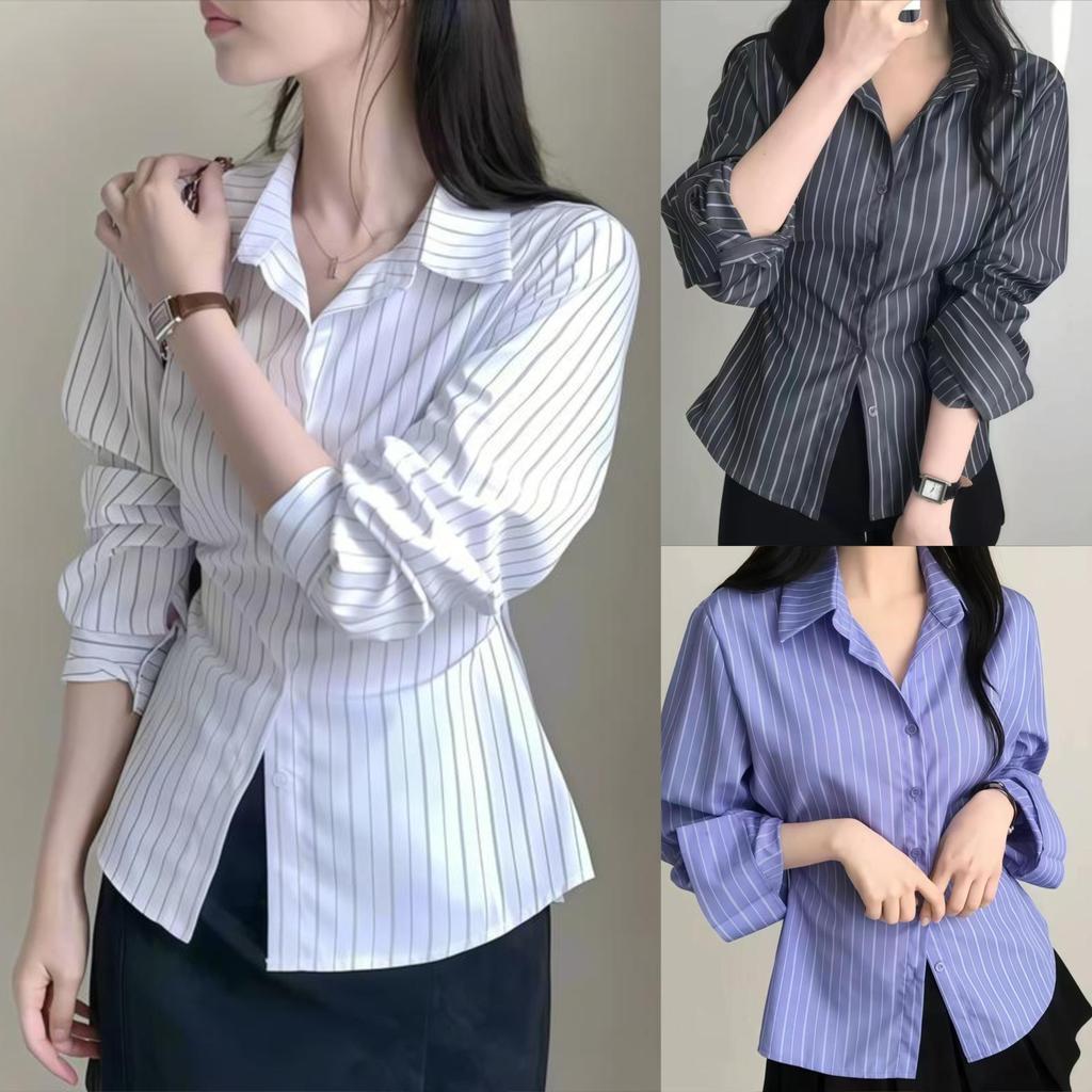 เสื้อเชิ้ตผู้หญิงลายทางทรงสลิมฟิต กระชับสัดส่วน สไตล์ทำงานและลำลอง