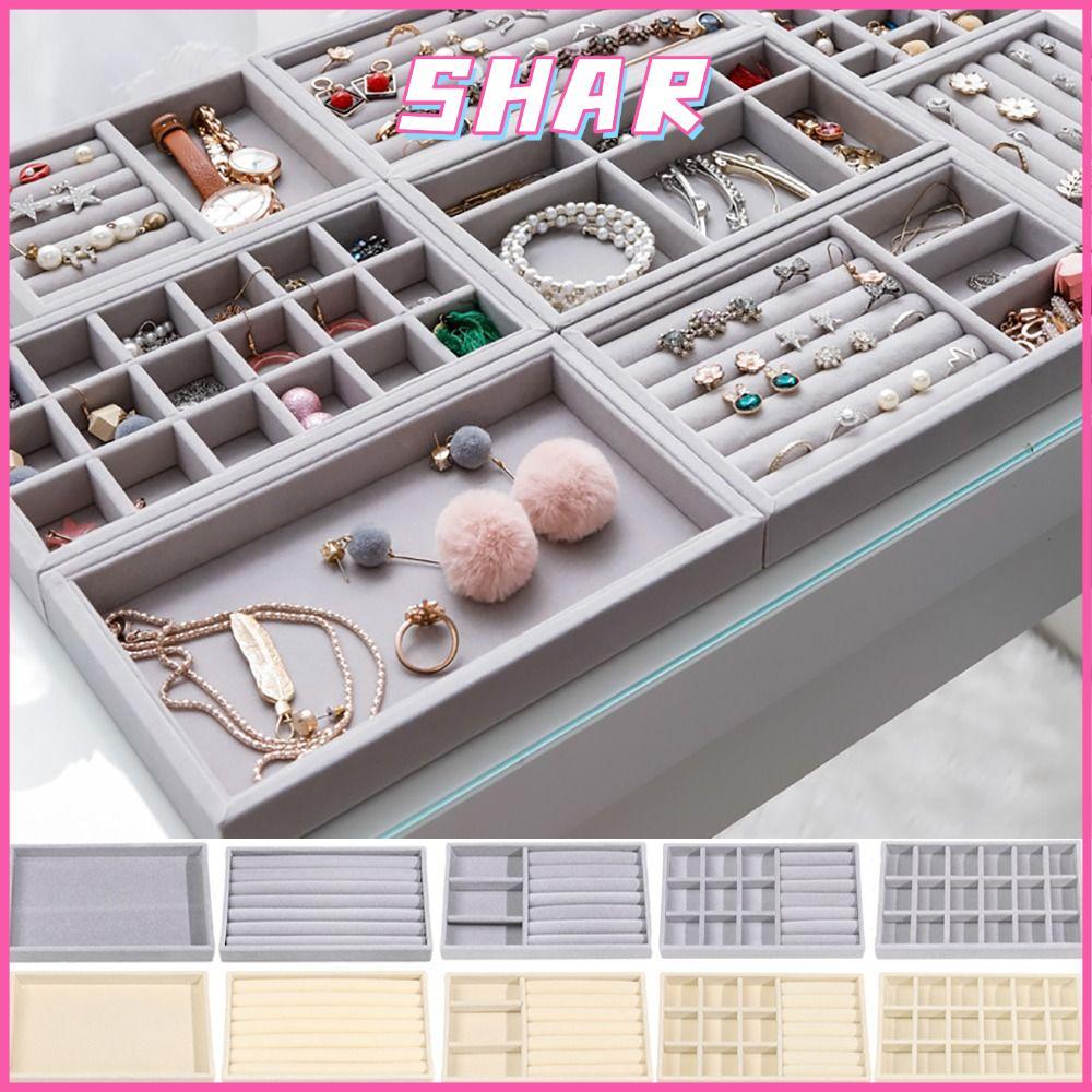 SHAR กล่องเก็บเครื่องประดับกํามะหยี่, ถาดแสดงสร้อยคอกํามะหยี่วางซ้อนกันได้, กล่องลิ้นชักถาดจัดระเบียบแหวนสร้อยข้อมือสร้อยคอ