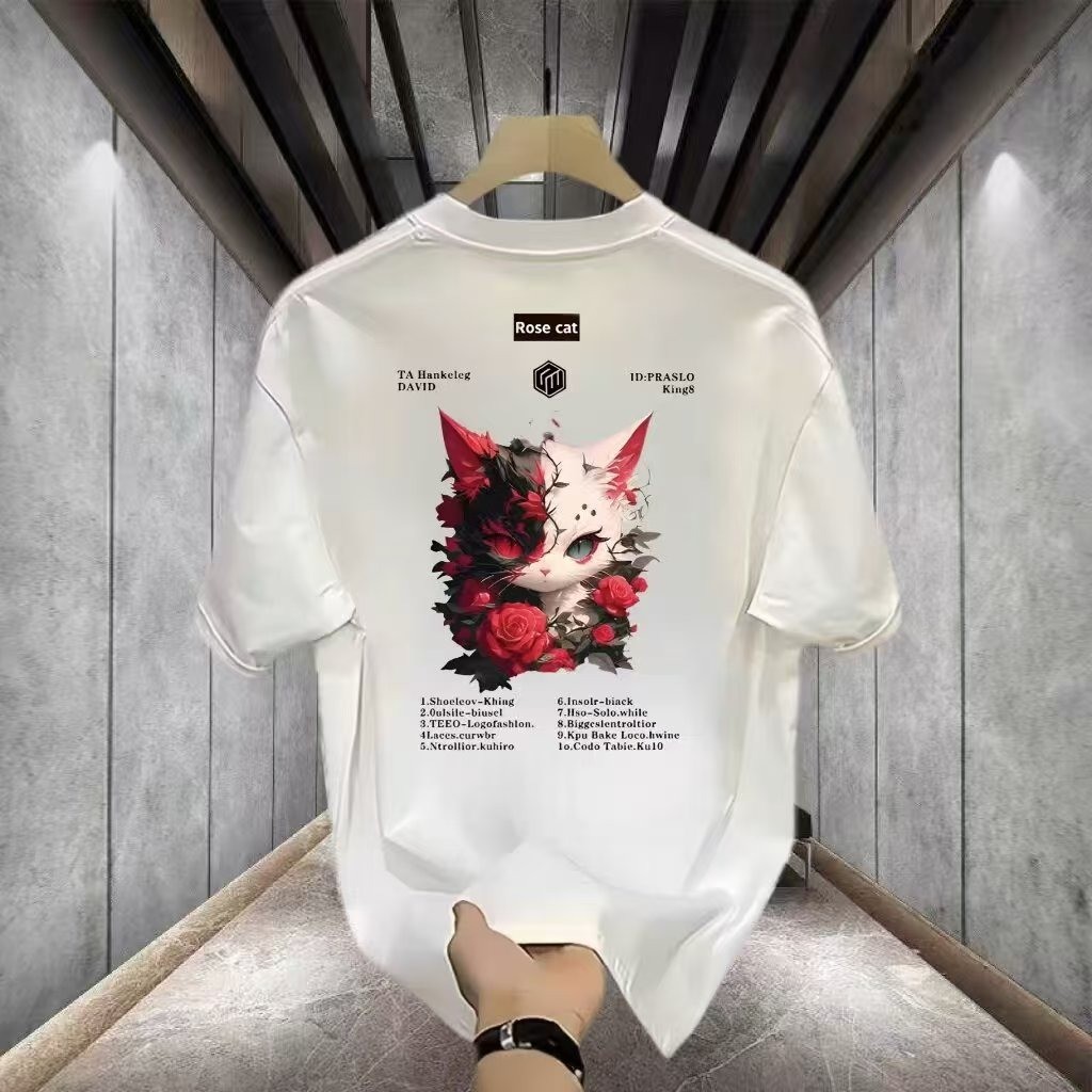 2026 สไตล์อเมริกัน Ruffian หล่ออินเทรนด์ผ้าฝ้ายแท้แขนสั้นเสื้อยืด Rose CAT CAT ชายหนุ่มผู้หญิง Stree