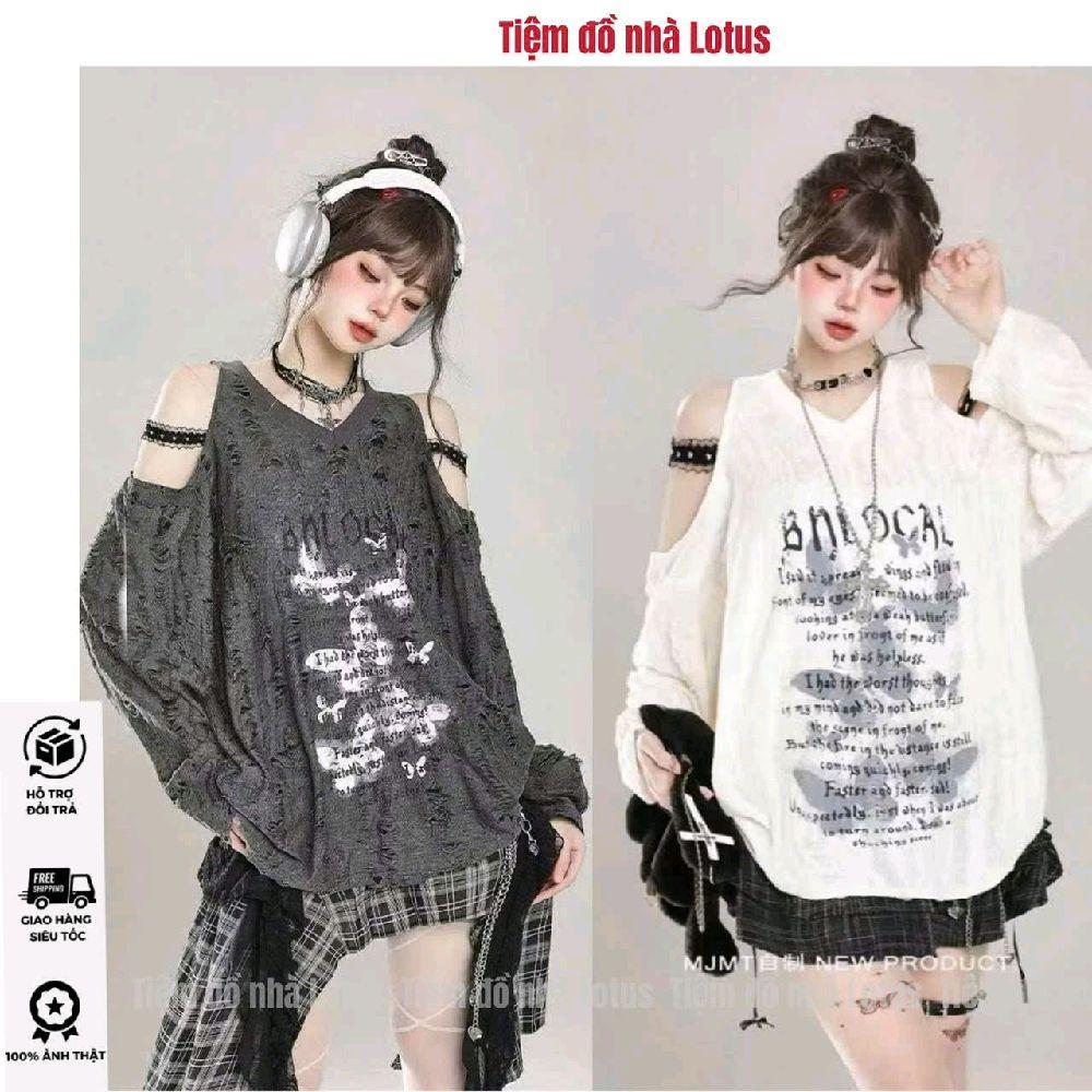 เสื้อยืดผู้หญิง Ripped A113 - แขนยาวปิดไหล่คอเต่าลายตัวอักษร BNLOCAL Hiphop Style - ND1683 (Lotus St