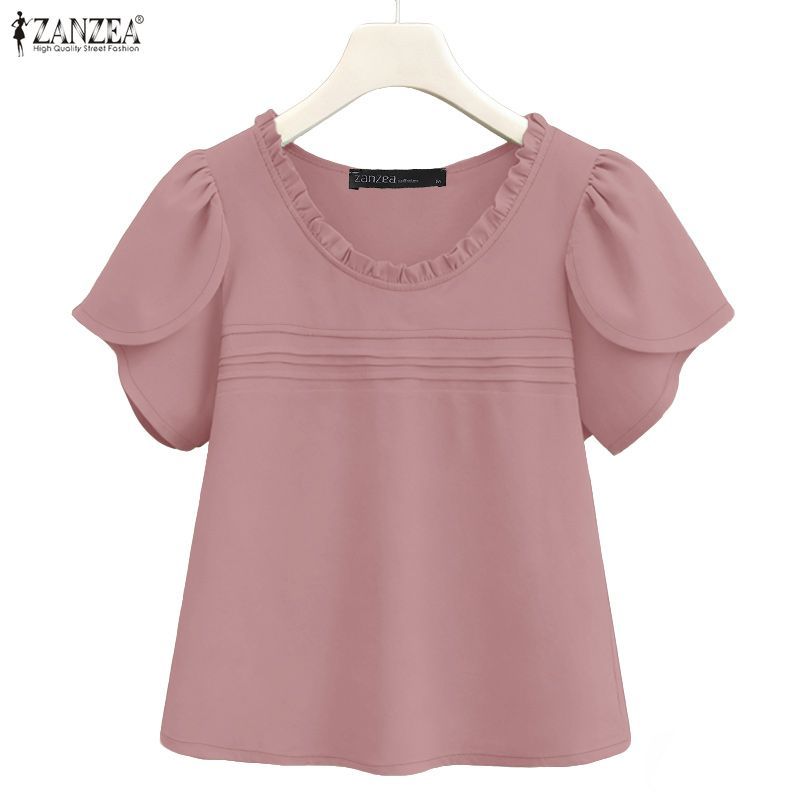 ZANZEA ผู้หญิงเกาหลีอ่อนโยนหวาน Ruffles ปกดอกไม้กลีบแขนสั้น A-Line Solid เสื้อเบลาส์