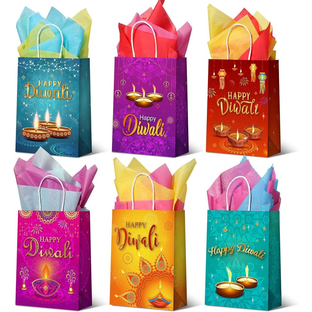 Cholemy 18 ชิ้น Diwali ถุงของขวัญ - เทศกาลไฟโปรดปรานพร้อมที่จับ - กระดาษซิดนีย์ Diwali กระเป๋าของขวั