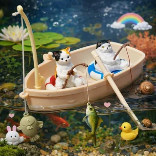 ของตกแต่งตู้ปลา แมวตกปลา เรือเรซิน ตุ๊กตาตู้ปลา แต่งอ่างปลา สไตล์น่ารัก มินิ วินเทจ