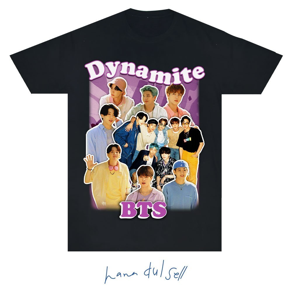 BTS ไดนามิต เกาหลี วินเทจ ยูนิเซ็กส์ เสื้อสีดำ KPOP DTG พิมพ์ BangtanBlack ฤดูร้อน