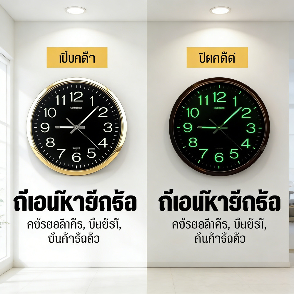 12นิ้ว นาฬิกาแขวนผนังเรืองแสง นาฬิกาส่องแสง คุณภาพสูง พื้นผิวกระจก เดินเรียบไม่มีเสียง