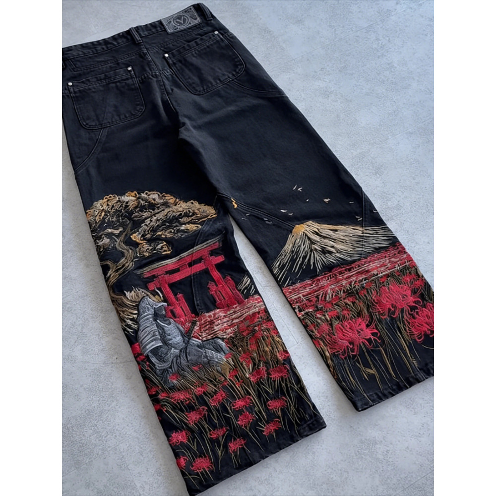 Y2K Streetwear Vintage Black Samurai Torii Spider Lily ปักขากว้าง Baggy Denim กางเกงยีนส์ Hip Hop Casual Unisex