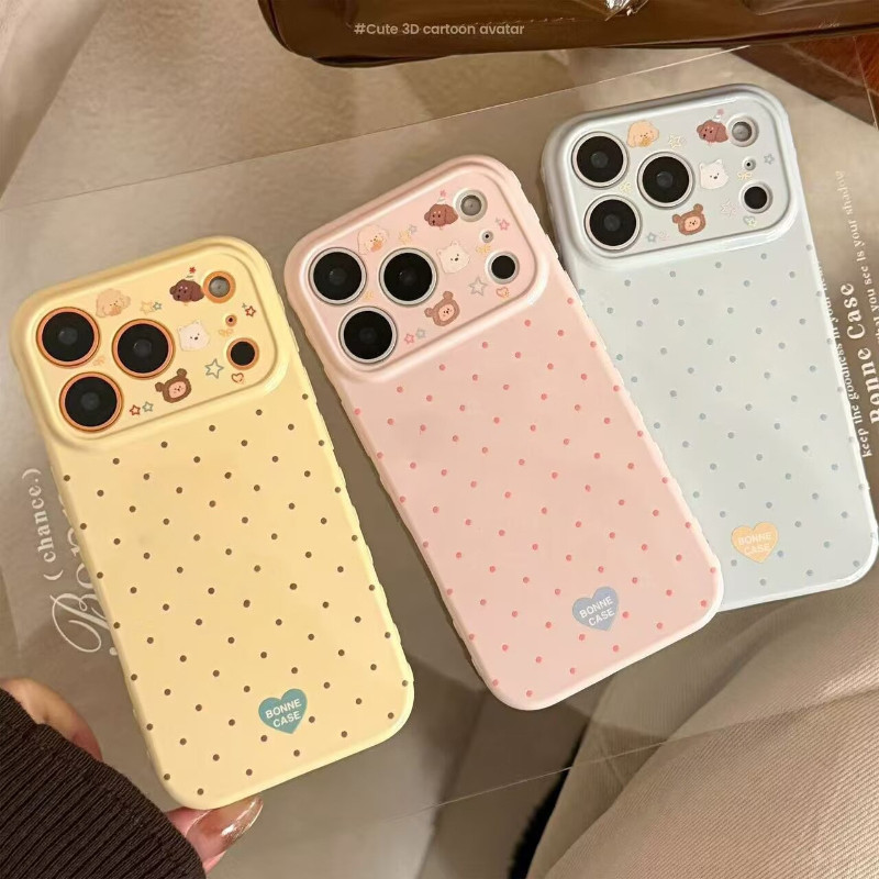 การ์ตูนลูกสุนัขลายจุดเคสโทรศัพท์สําหรับiPhone 17 16 15 14 13 12 11 Pro Max 15 16 Plusสีลูกกวาดด้านข้างหัวใจGlossyพื้นผิวซิลิโคนTPUป้องกันปกอ่อน