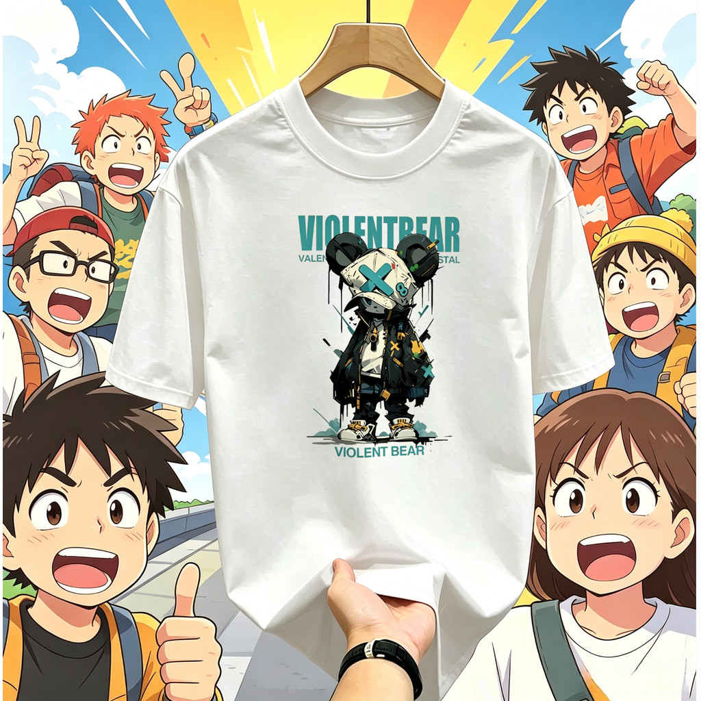 ((จัดส่งตลอด 24 ชั่วโมง) หมีสไตล์การทํางานการ์ตูนพิมพ์เสื้อยืดอเมริกันถนนธีมเสื้อยืดผู้ชายผู้หญิงท็อปส์ทุกวัน
