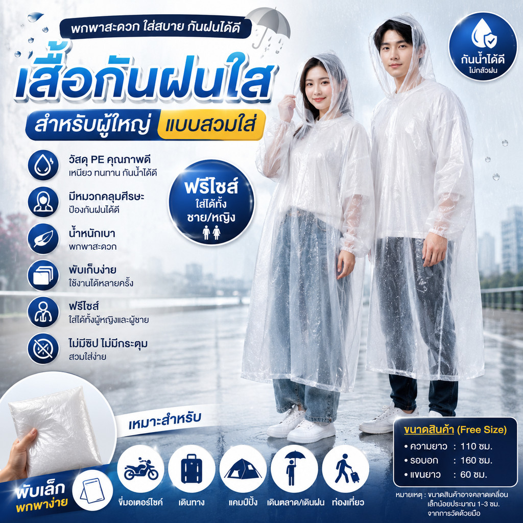 เสื้อกันฝนใสผู้ใหญ่ พกพาง่าย เนื้อเหนียวทนทาน ใช้ซ้ำได้ เสื้อกันฝนฟรีไซส์ กันน้ำ PE เดินทาง ท่องเที่ยว