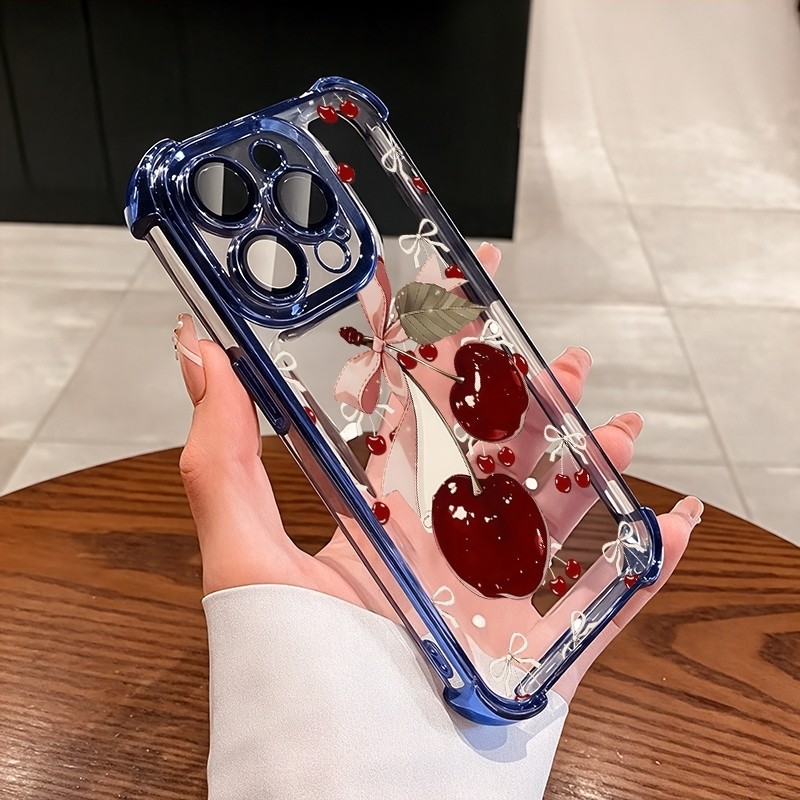 ชัดเจน เคส สำหรับ Samsung S25 S26 S24 S23 S22 S21 Ultra Plus FE 5G หรูหราพรีเมี่ยมน่ารักโบว์เชอร์รี่โปร่งใสชุบกันกระแทกกรณีโทรศัพท์นุ่ม