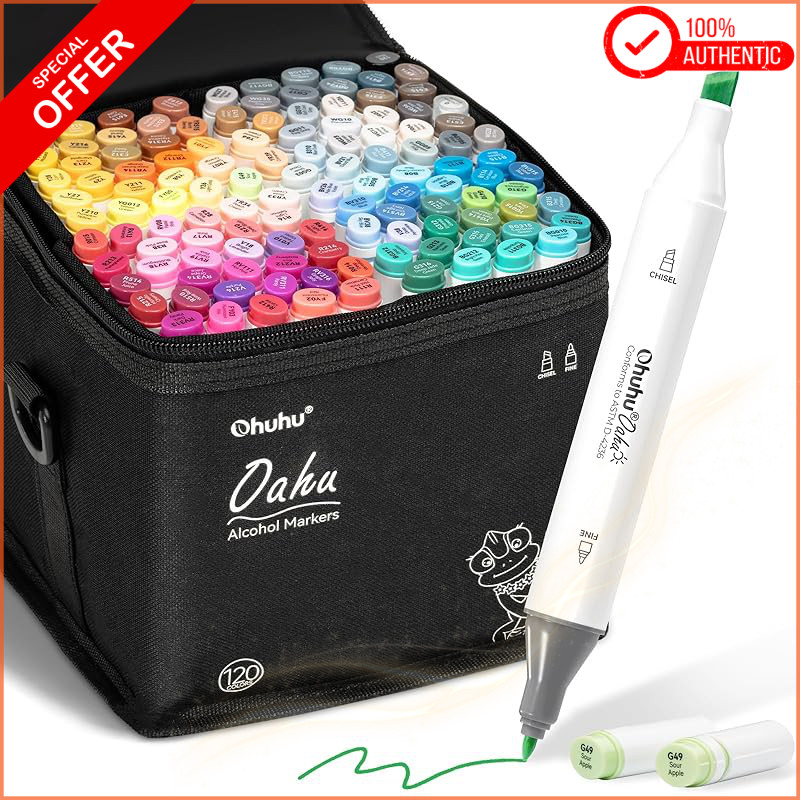 Ohuhu 120-Color Alcohol Markers for Comics — Oil-Based Dual-Tip (Broad & Fine) Art Markers with Carr