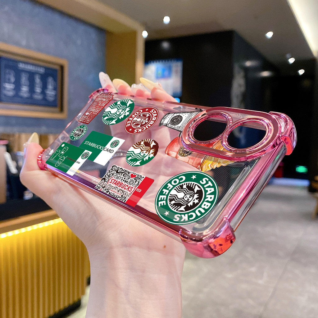 เข้ากันได้กับ VIVO Y28 Y29 Y17S Y27 T1X Y21S Y33S Y12S Y18 Y38 Starbuck Coffee Clear Plating Case An