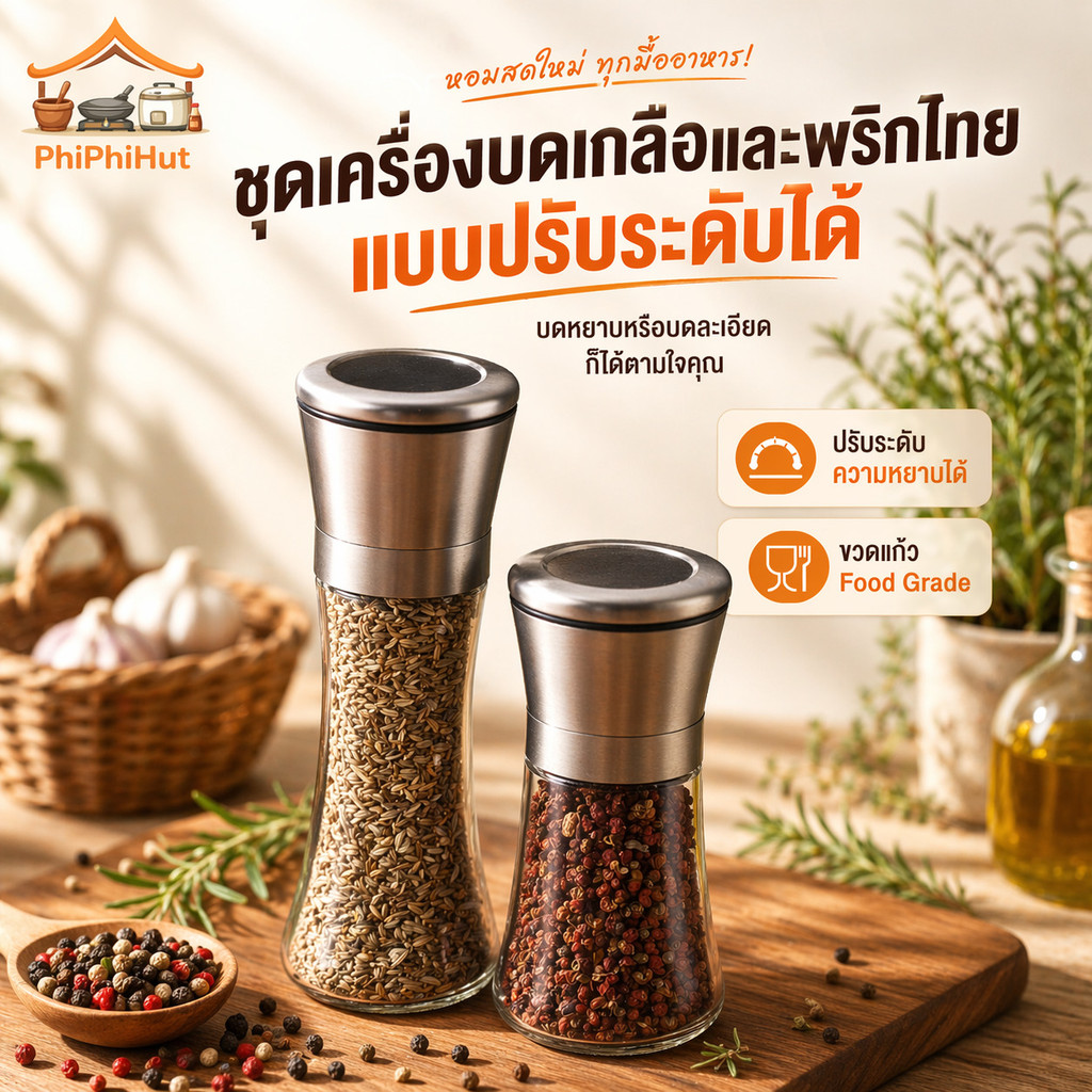 PPH ที่บดพริกไทย ขวดบดเกลือทะเล ชุดเครื่องบดเกลือและพริกไทยแบบปรับระดับได้ ขวดแก้วปรับระดับได้ด้วยมือ