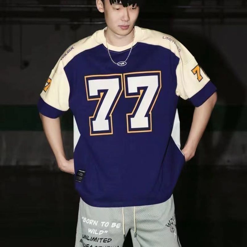 美式短袖复古运动休闲拼接橄榄球篮球T恤嘻哈球衣77欧美冰球12.14American Short-sleeved Retro Sports Casual Stitch Football Basketb