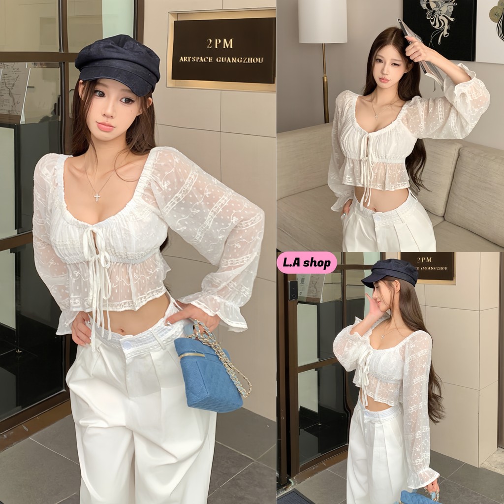 L.A Shop★เสื้อคุณภาพดี เสื้อครอปแขนสั้น สีขาว ทรงรัดพอดี สไตล์เกาหลี “FY1164”