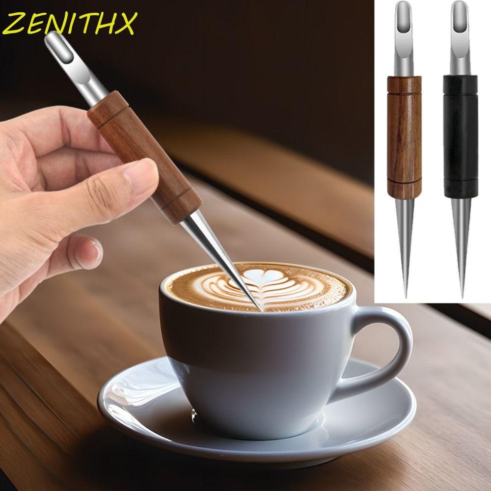 ZENITHX ปากกาศิลปะลาเต้,พร้อมกล่องเก็บของสบาย Grip Coffee Art เข็ม, Professional แบบพกพาไม้ Handle สแตนเลสเคล็ดลับกาแฟแกะสลักปากกา Cappuccino Espresso