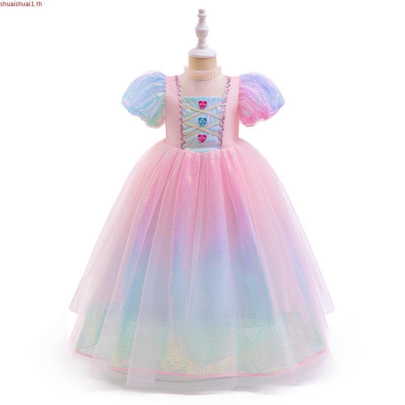 Mqatz สีชมพูสาวคอสเพลย์ชุดแขนสั้นเด็กเครื่องแต่งกายลูกไม้วันเกิดชุดเจ้าหญิงพรรค ASMR092