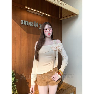 Aurora🛒พร้อมส่ง🚚 (รูปถ่ายจากงานจริง) เสื้อแขนยาวเปิดไหล่สีพาสเทล ดีเทลแต่งโบว์