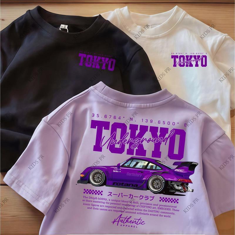 COD 2026 Tokyo Racing Car Printed Kid's T-shirt Fashion Trendy Casual Pure Cotton Top for 3-13 Yrs T28