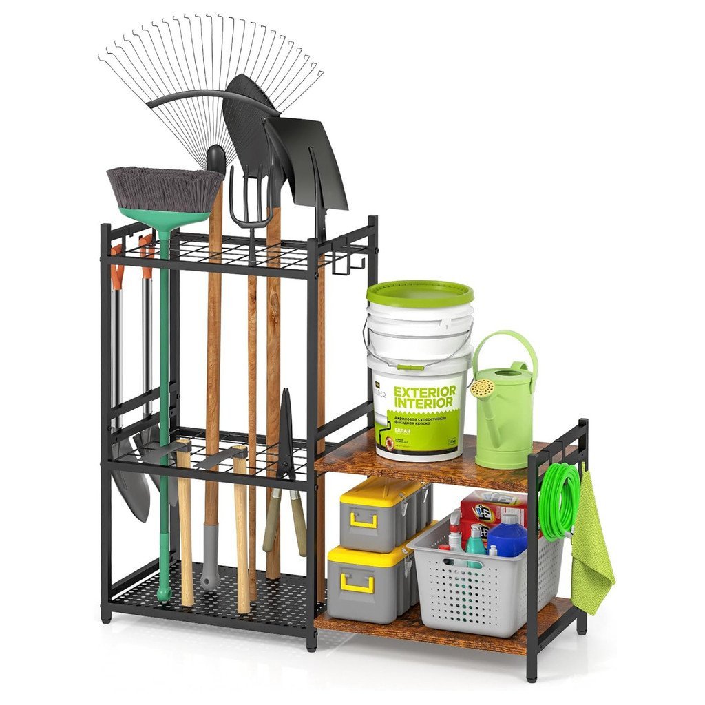 ถังทําความสะอาดเครื่องใช้ไฟฟ้าไม้กวาดแรงงานพลั่วมัลติฟังก์ชั่ชั้นเก็บลานชั้นวางเครื่องมือชั้นวาง ล0l