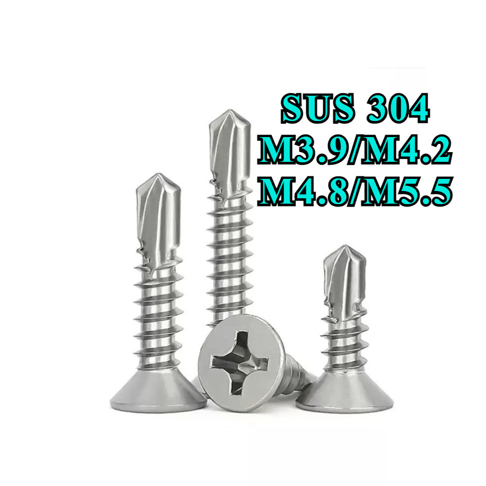 น็อต สกรู หัวเตเปอร์ แฉกF+ สแตนเลส304 ปลายสว่าน / Flat Head Phillip Self Drilling Screw SUS304 M3.9/