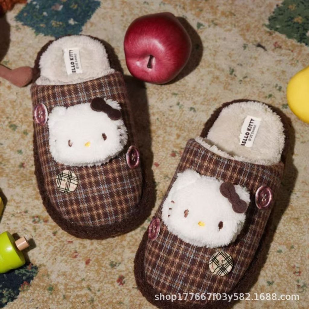 รองเท้าแตะผ้าฝ้าย Sanrio แบบอบอุ่นด้วยขนสัตว์ สำหรับใส่ภายในบ้านและฤดูหนาว