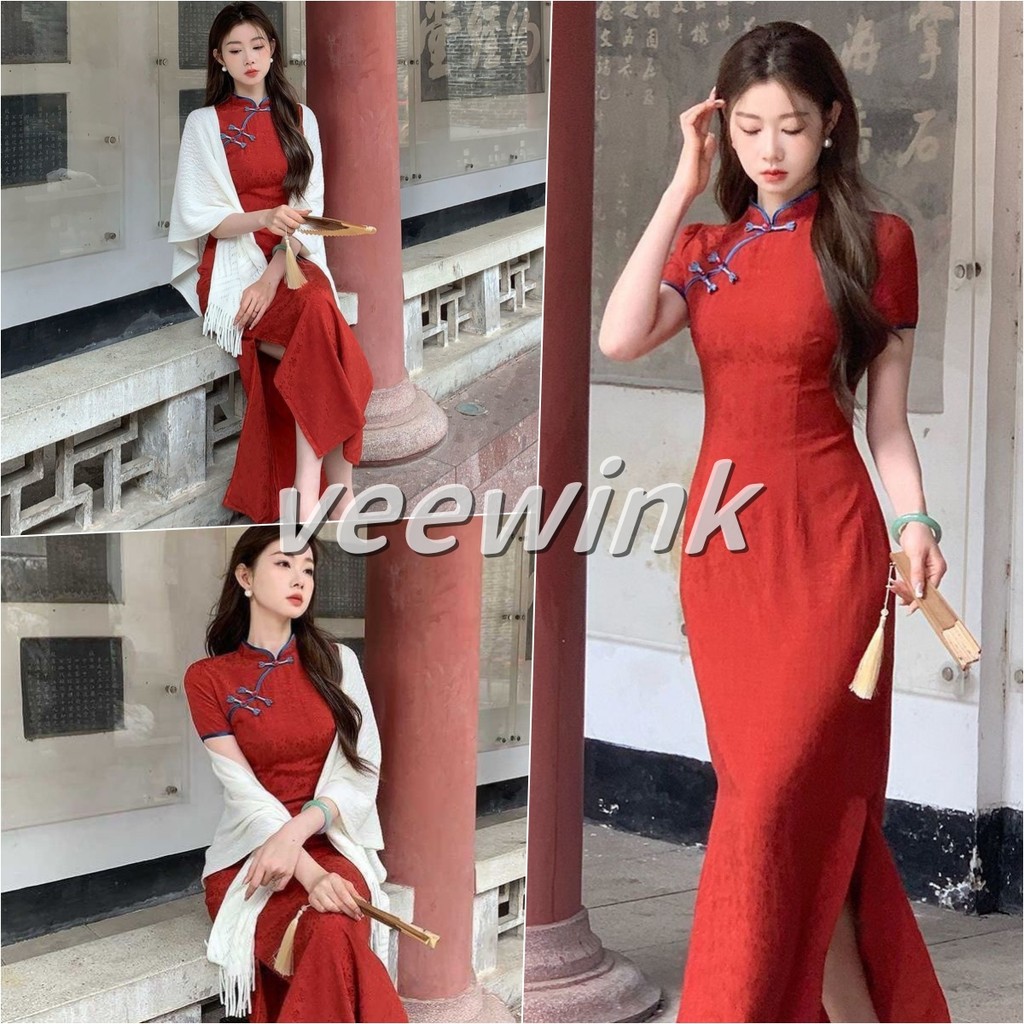 Veewink เดรสกี่เพ้า ดีไซน์วินเทจ สีแดง เอวคาด ดีไซน์ระดับพรีเมียม สำหรับใส่รับปีใหม่ ใส่แล้วดูหล่อเพรียว