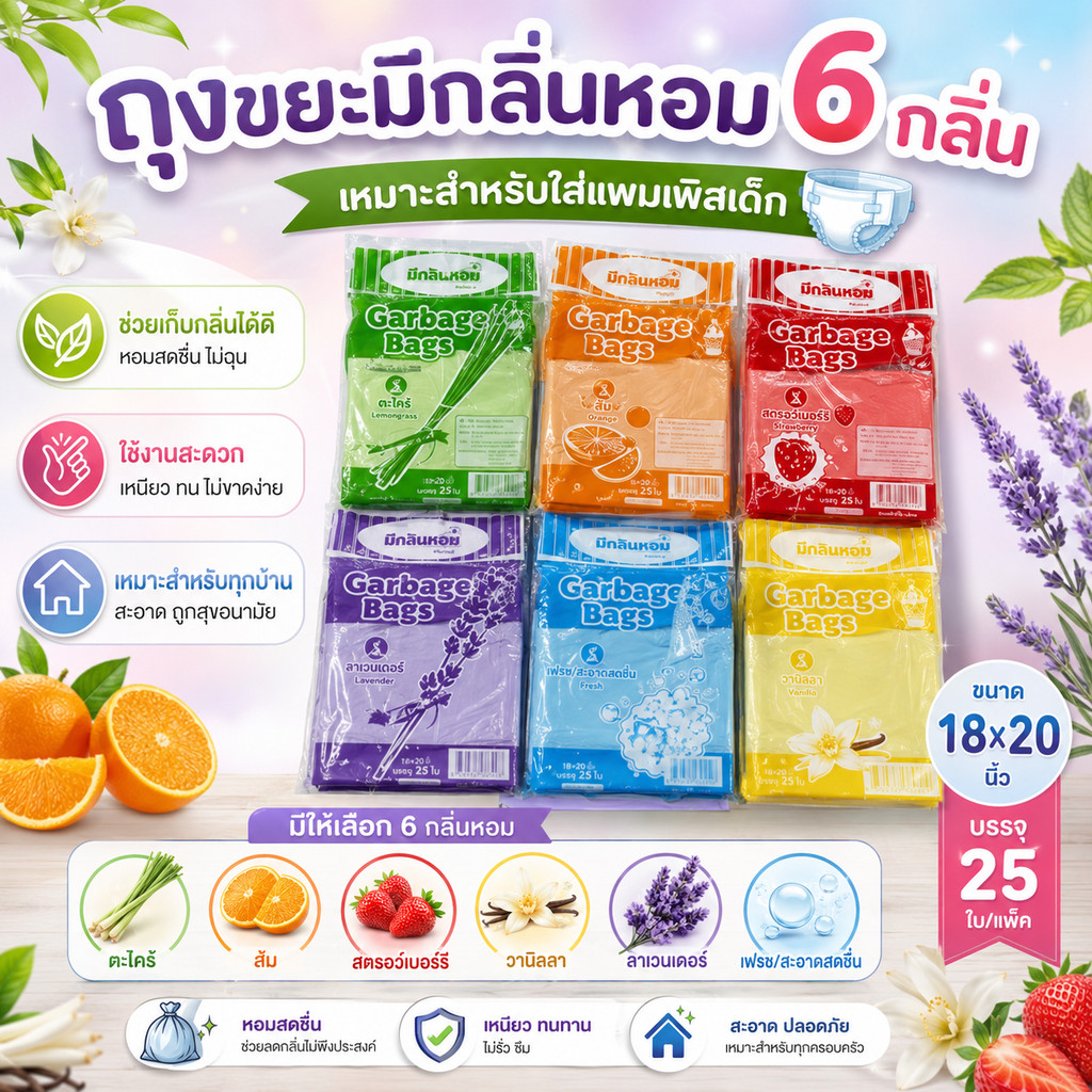 *6กลิ่น* ถุงขยะมีกลิ่นหอม กลิ่นวานิลลา กลิ่นลาเวนเดอร์ ขนาด18×20นิ้ว ถุงขยะใส่แพมเพิสเด็ก