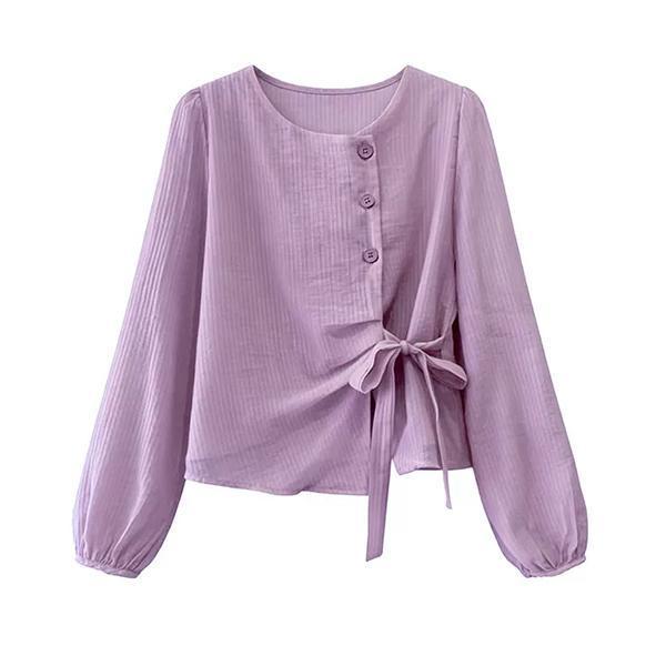 STYLE#เสื้อเชิ้ตหญิงแขนยาวทรงหลวม ดีไซน์ไม่สมมาตร ไซส์ใหญ่ มีเชือกผูกด้านหน้า สไตล์ฝรั่งเศส#99405