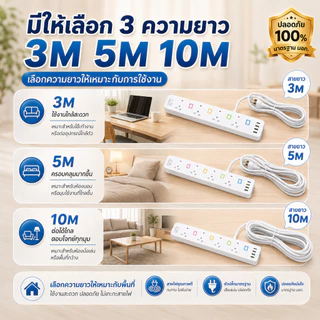รางปลั๊ก 4ช่อง/5ช่อง/6ช่องตัวยาว USB Type-C ยาว3เมตร/5เมตร/10เมตรปลั๊กไฟ มาตรฐาน มอก.2432-2555