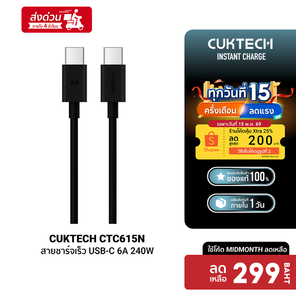 [299บ.โค้ด25DD150] CUKTECH CTC615N 6A 240W สายชาร์จเร็ว USB-C ความยาว 1.5 เมตร รองรับชาร์จ PD3.1 -2Y