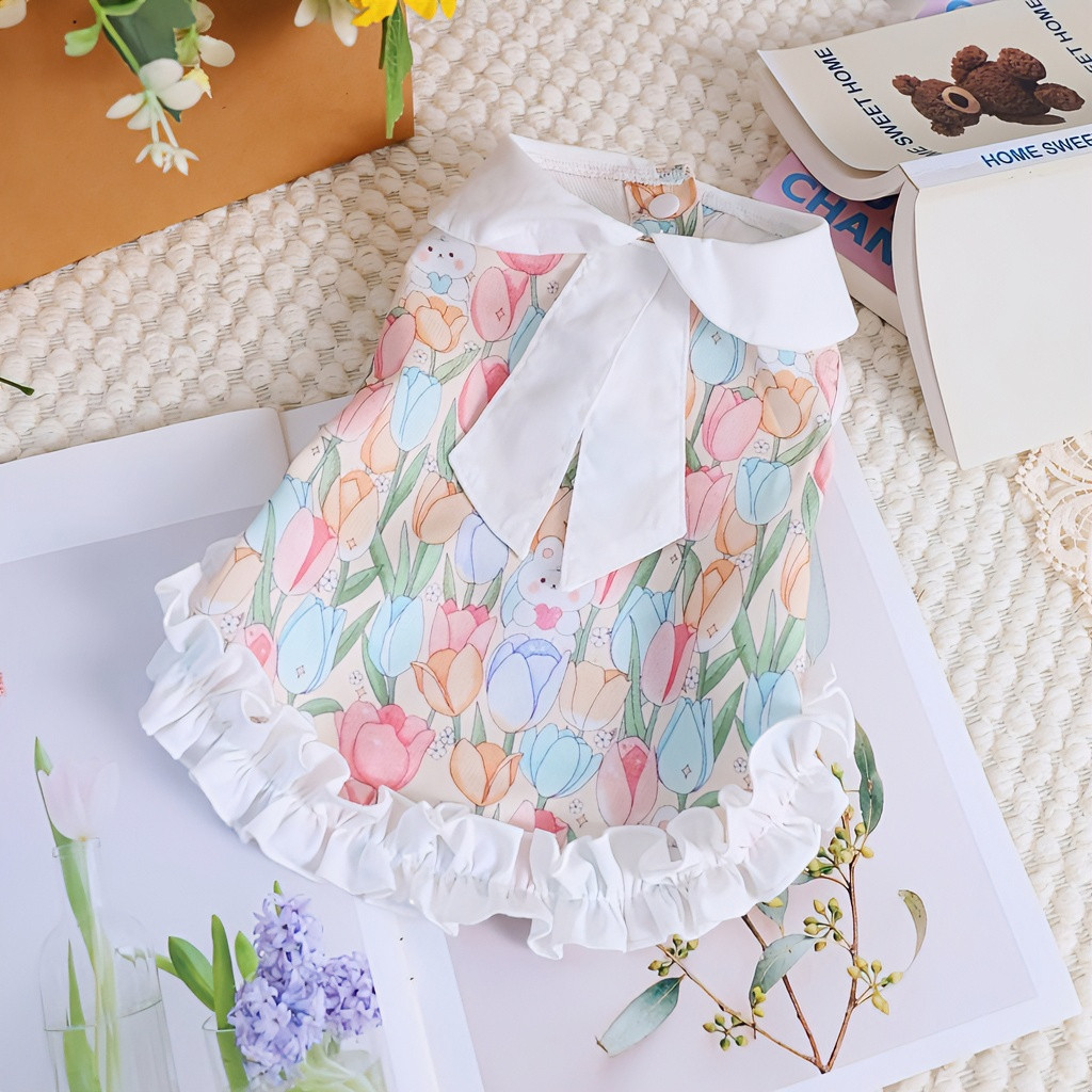 เสื้อผ้าสัตว์เลี้ยง ชุดแมว ชุดหมา ลายน่ารักทิวลิปกระต่าย คอปกโบว์สีขาว กระโปรงลูกไม้ ฤดูร้อน XS-XXL
