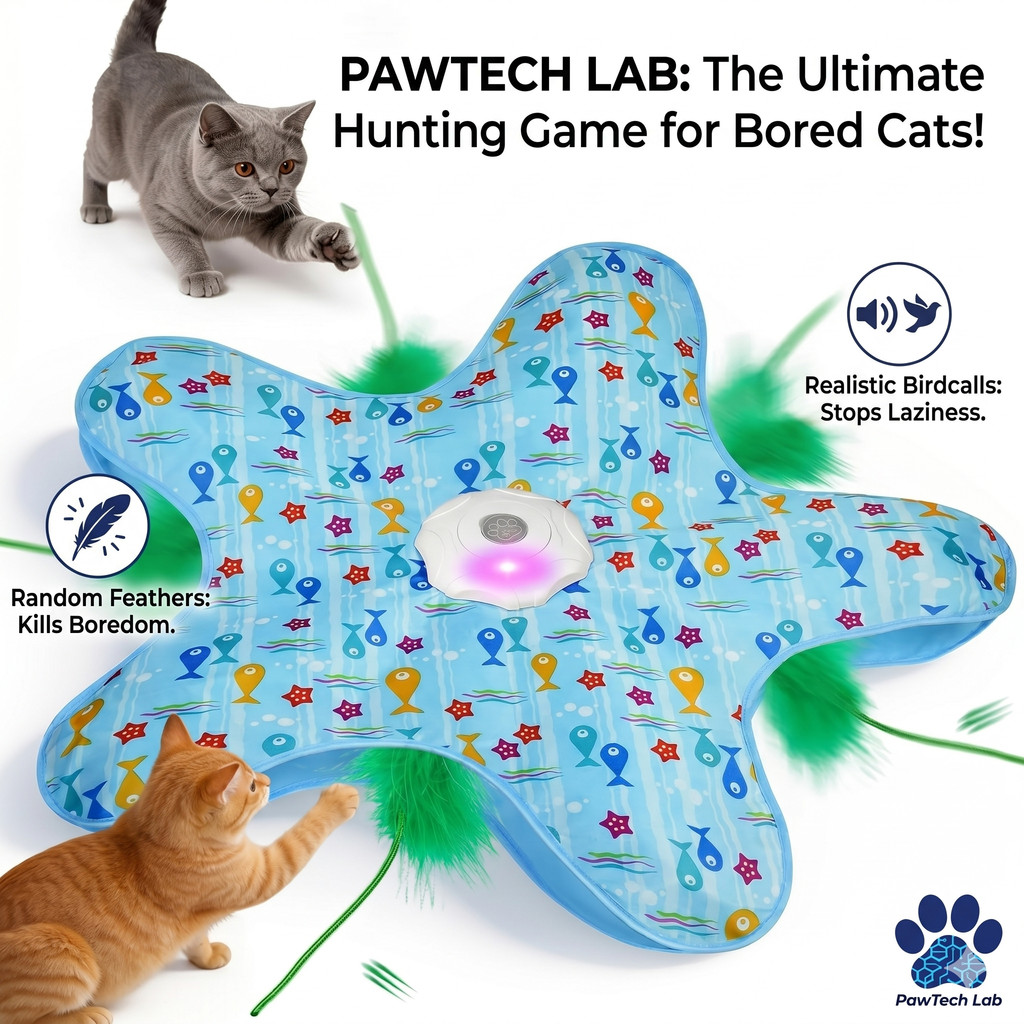 [PawTech Lab] ของเล่นแมวอัจฉริยะ | ซ่อนแอบขนนกอัตโนมัติ | เสียงนกจริง | เซ็นเซอร์สัมผัส | ชาร์จ USB | ของเล่นแมวแก้เบื่อ
