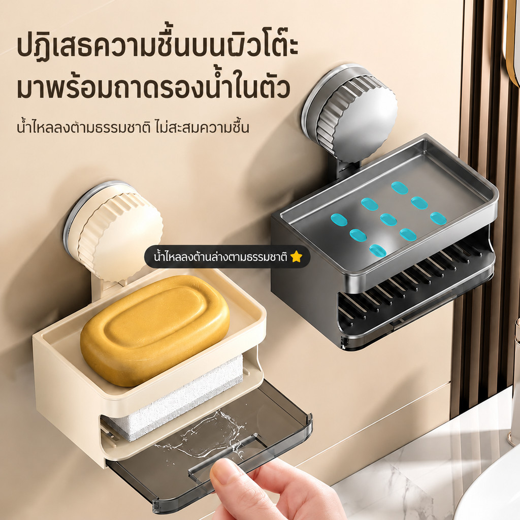 COD กล่องสบู่ติดผนังแบบดูดสุญญากาศ ไม่ต้องเจาะ ไม่ใช้กาว ชั้นคู่ ระบายน้ำได้ พร้อมฟองน้ำ