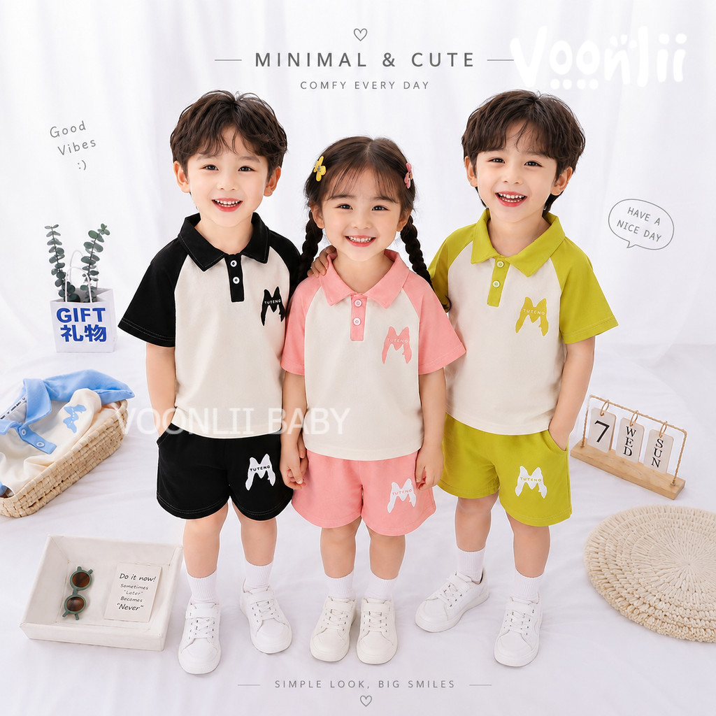 ชุดเซ็ตลำลองเด็ก ชุดเสื้อโปโลแขนสั้นคอปก + กางเกงขาสั้น สีพาสเทลน่ารักๆ ใส่ได้ทั้งเด็กชายเเละเด็กหญิง