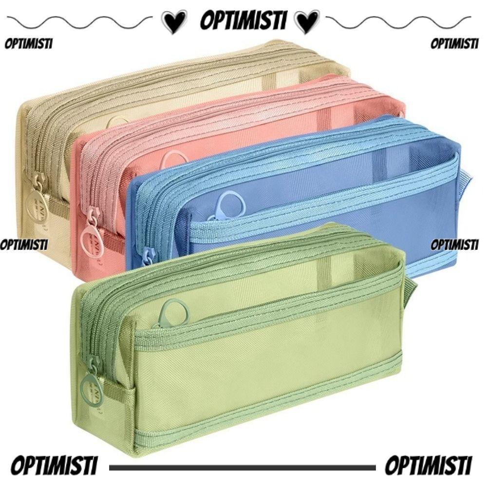 OPTIMISTI8E กระเป๋าใส่ปากกา, ดินสอความจุขนาดใหญ่โปร่งใส, กล่องใส่ปากกาตาข่ายสองชั้นแบบพกพานักเรียน
